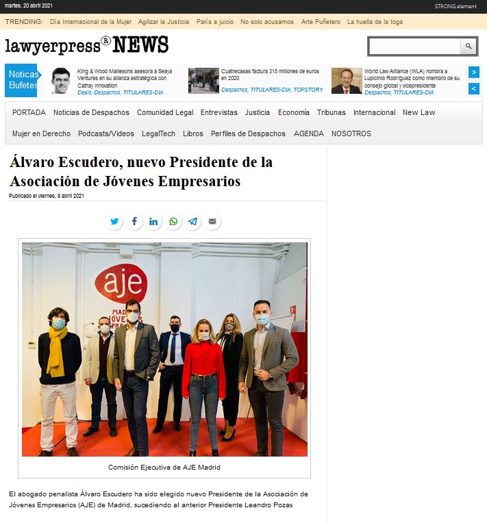 Los letrados de Saverio Abogados, Álvaro Escudero y Javier Márquez, nuevos Presidente y Secretario General de la Asociación de Jóvenes Empresarios de Madrid (AJE)